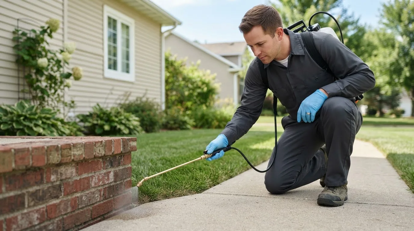 Pest control technician treating a home near Wood Lake, MN