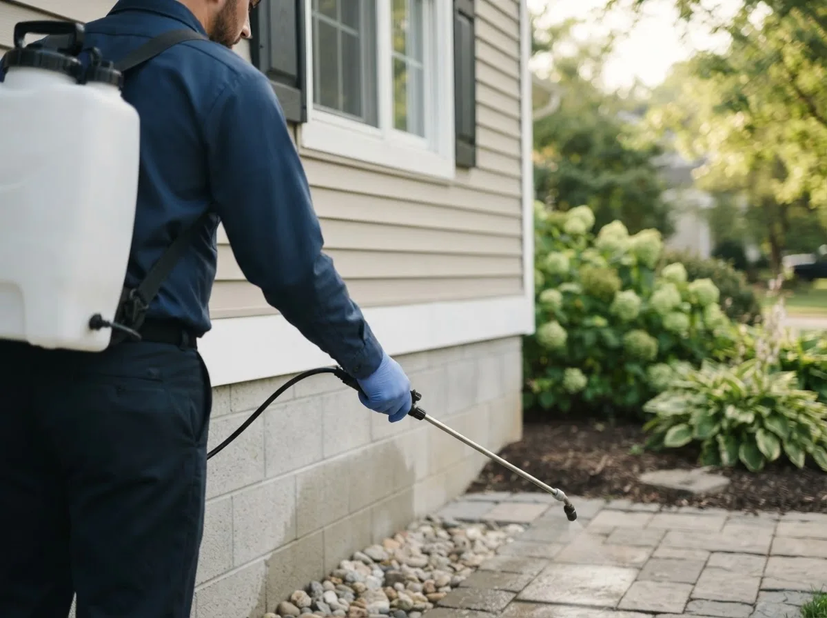 Pest control technician inspecting a home in Wood Lake, MN